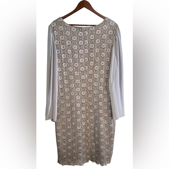 Macy’s Connected Dress 20W Rosegold Gray Sequin Lace Overlay Stretch Cape Sleeve - Picture 2 of 10